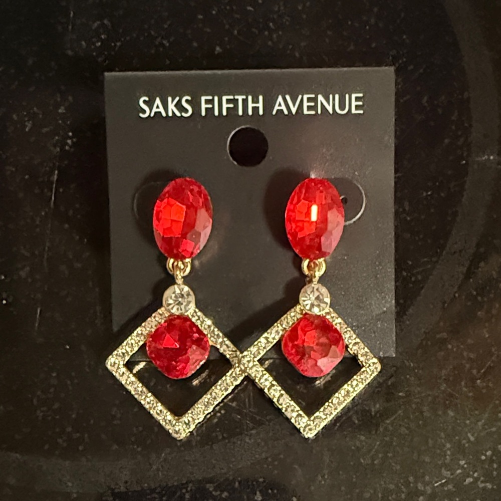 Saks Fifth Avenue Ruby Red and Gold Geometric Earrings
